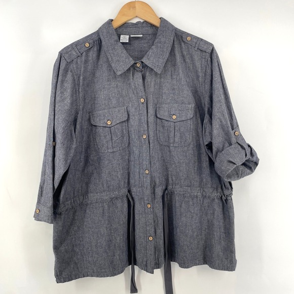 Caribbean Joe Tops - Caribbean Joe Shirt Women Plus 2X Roll Tab Button Drawstring Safari Utility